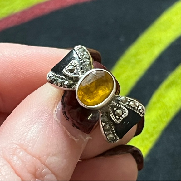 VTG Art Deco Style Citrine Onyx Marcasite Sterling Silver 925 Size 6 1/2 Ring - Picture 3 of 7